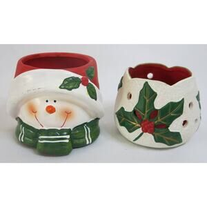 CHRISTMAS 2 Holiday Candle Holders Snowman Holly Berry Votive Winter Candles